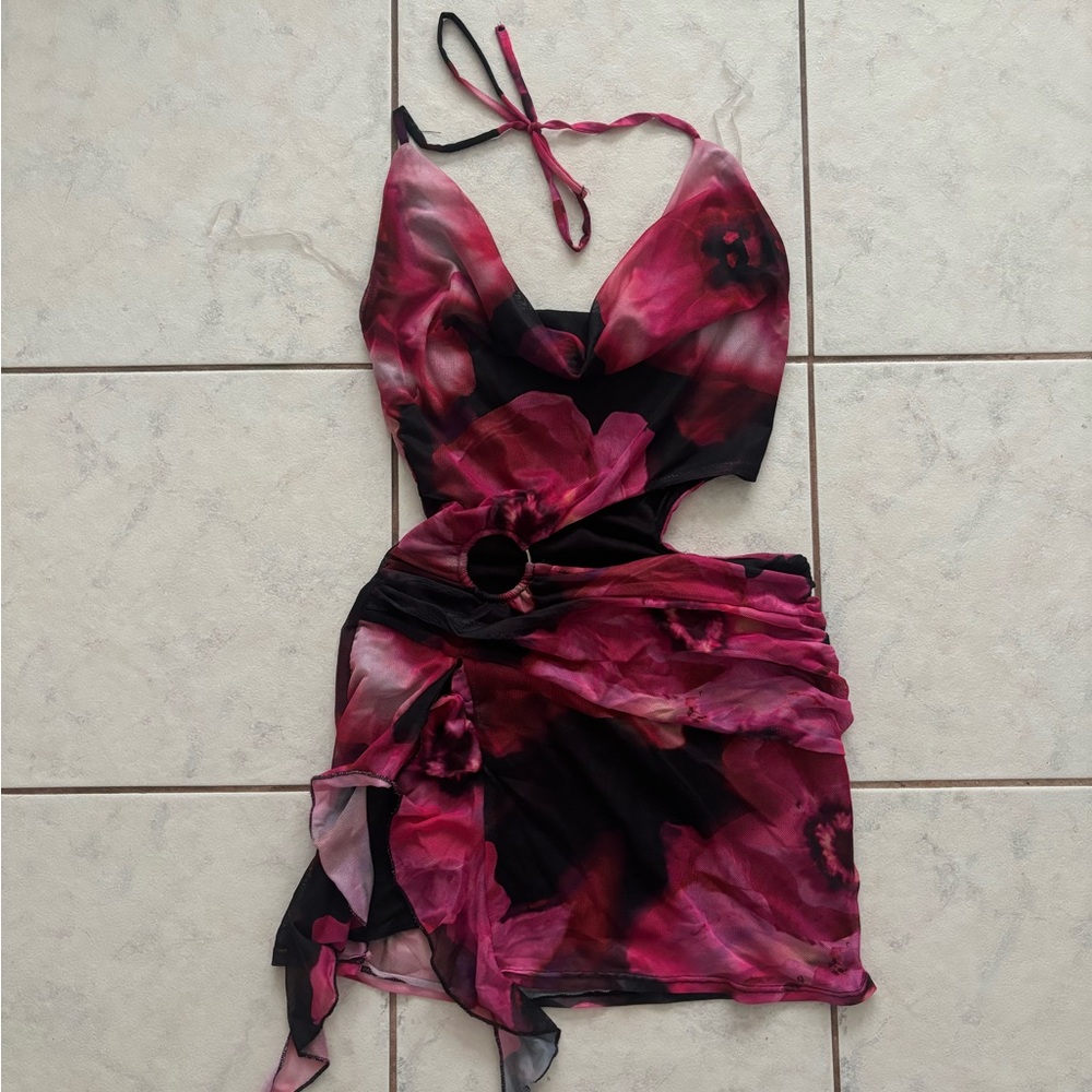 Windsor Pink & Black Floral Halter Mini Dress
